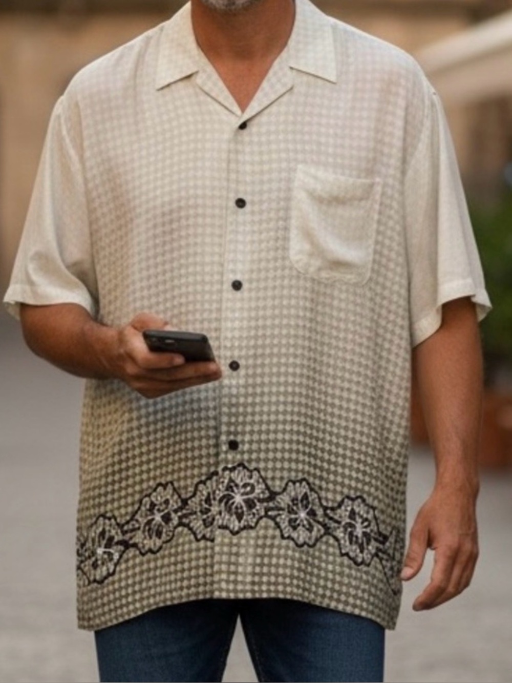 Relaxed Fit Beige Hawaiian Short-Sleeve Button Shirt